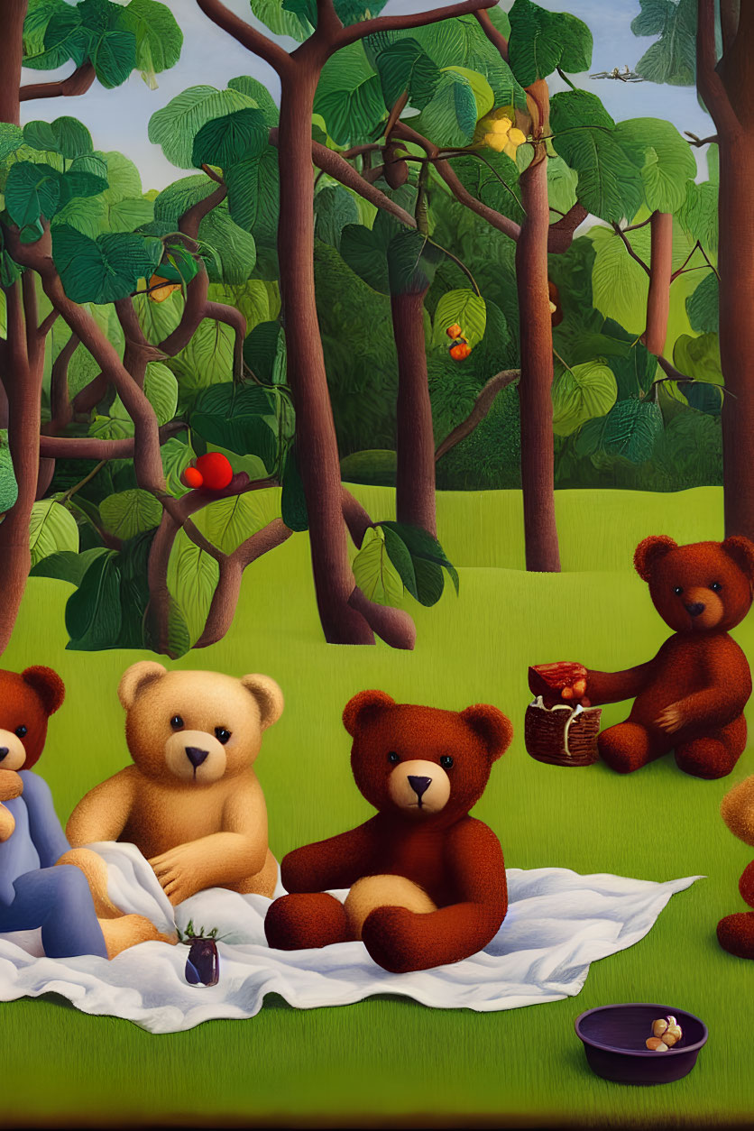 Three Teddy Bears Picnic in Lush Green Forest with Trees, Fruits, and Butterfly