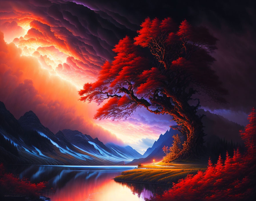 Scenic landscape with red-leafed tree, serene lake, mountains, and dramatic clouds