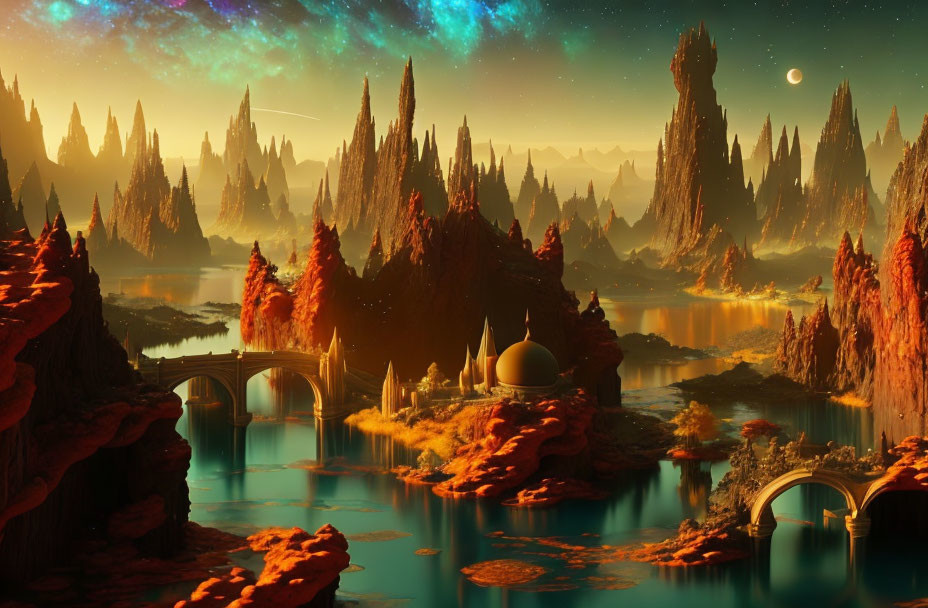 Fantastical landscape with towering spires, reflective water, bridges, and celestial sky