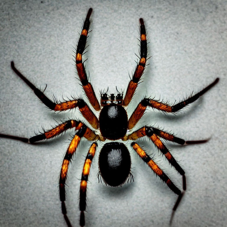 Vibrant orange and black spider legs on grey backdrop