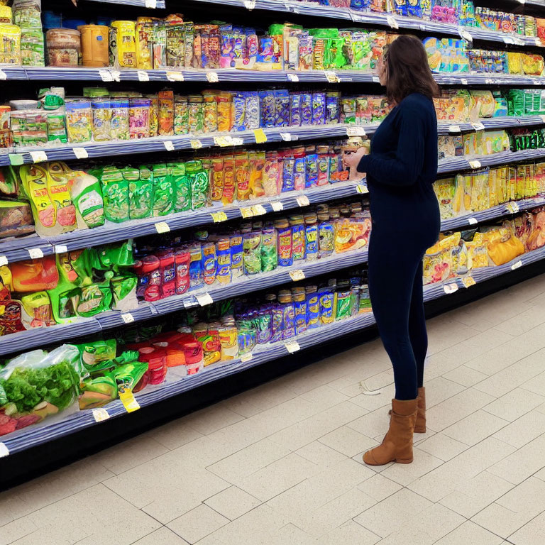 Woman in Blue Outfit Browsing Colorful Snack Aisle