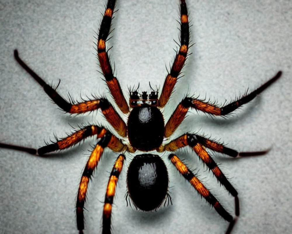 Vibrant orange and black spider legs on grey backdrop