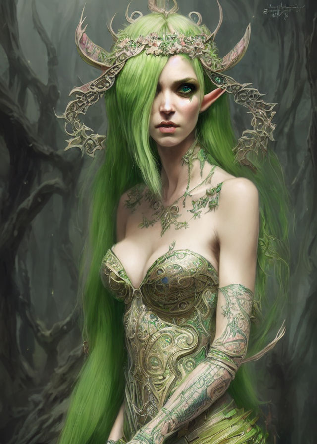 Fantasy elf with green hair, tattoos, horned headdress in dark forest