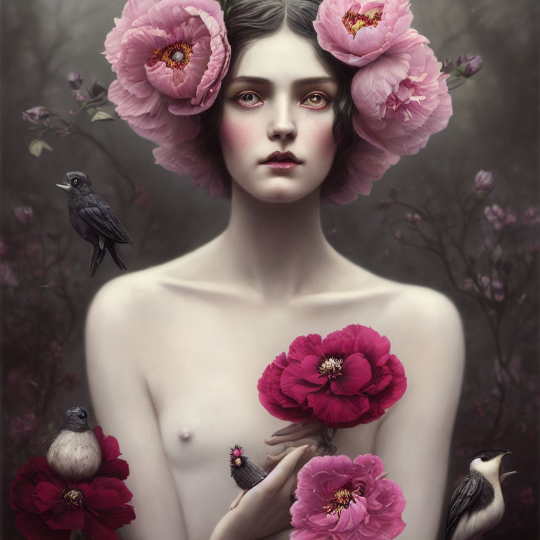 Surreal portrait of woman with pale skin among pink flowers and birds