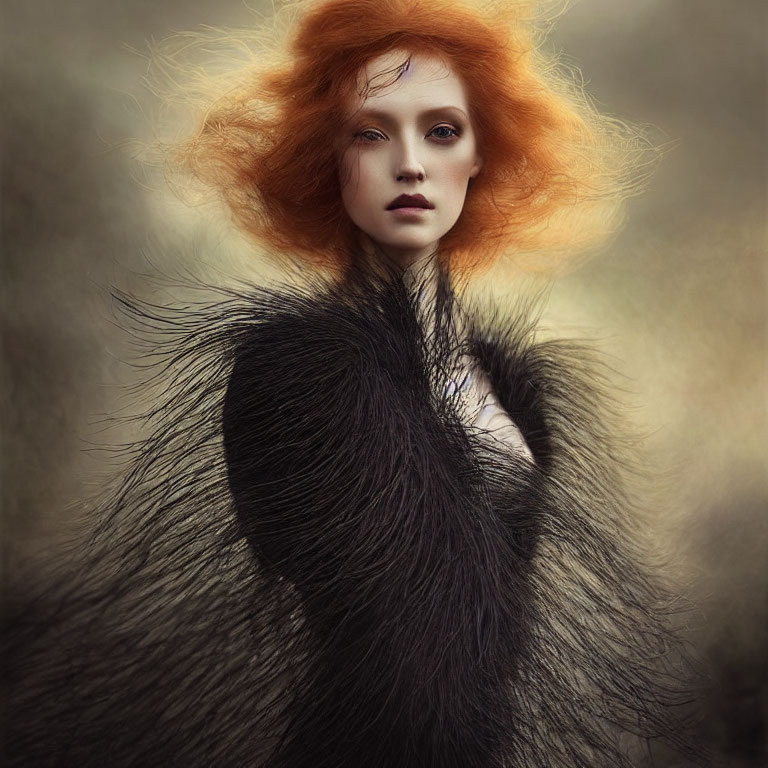Woman with Red Hair in Black Coat Against Soft Backdrop