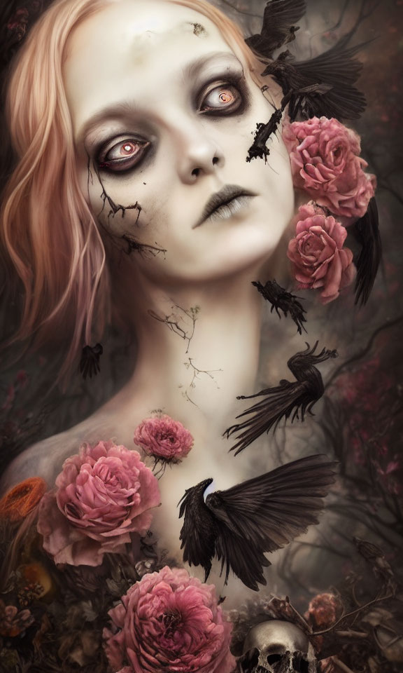 Ethereal figure with dark eyes among pink flowers and black birds