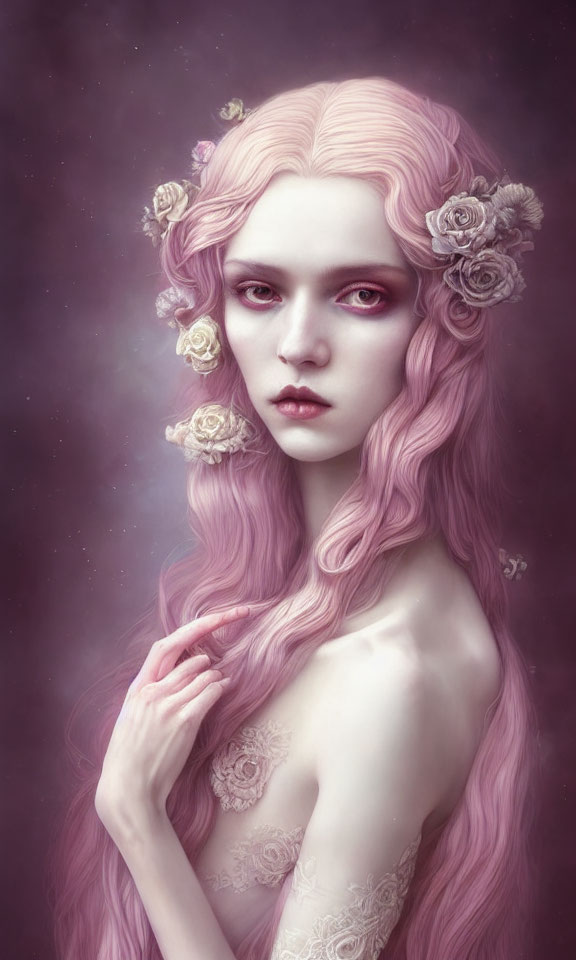 Portrait of female figure with pink hair, pale skin, red eyes, and rose hair accessories on purple