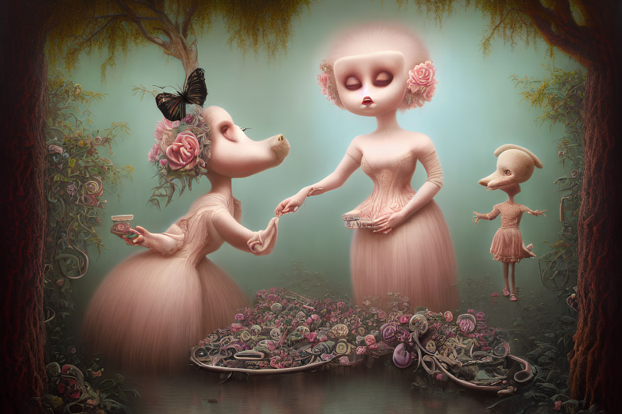 Surreal painting: Three figures with elongated necks in misty forest surrounded by roses,
