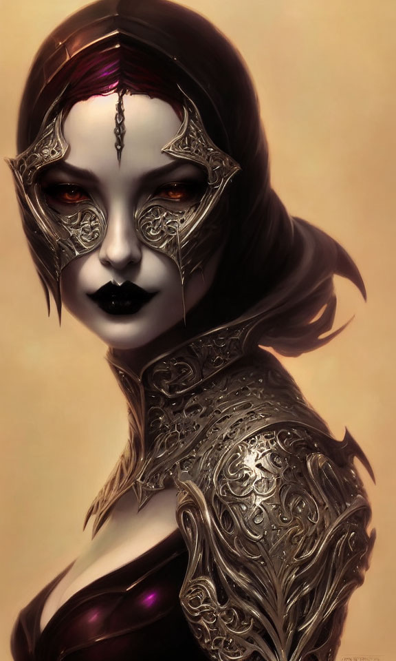 Stylized portrait of a woman with ornate silver mask and armor