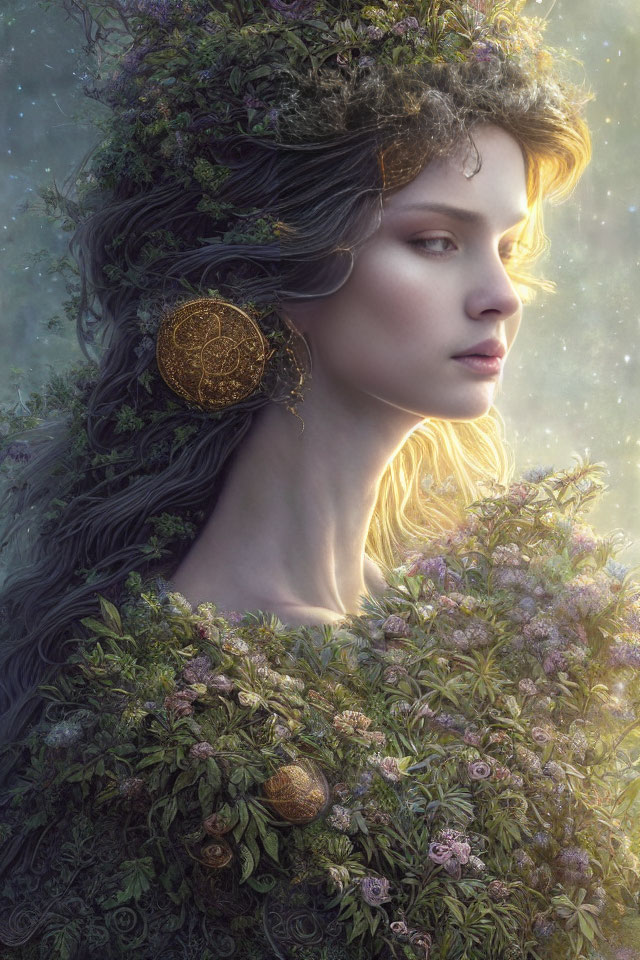 Woman with floral adornments and mystical aura in lush greenery