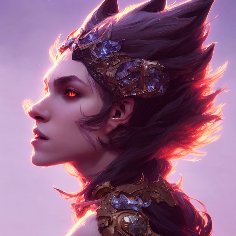 Fantasy portrait: Pointed ears, red eyes, fiery hair, detailed metallic headpiece.