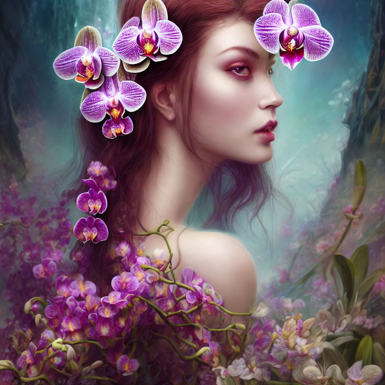 Surreal portrait of woman with purple orchids in hair against vibrant floral background