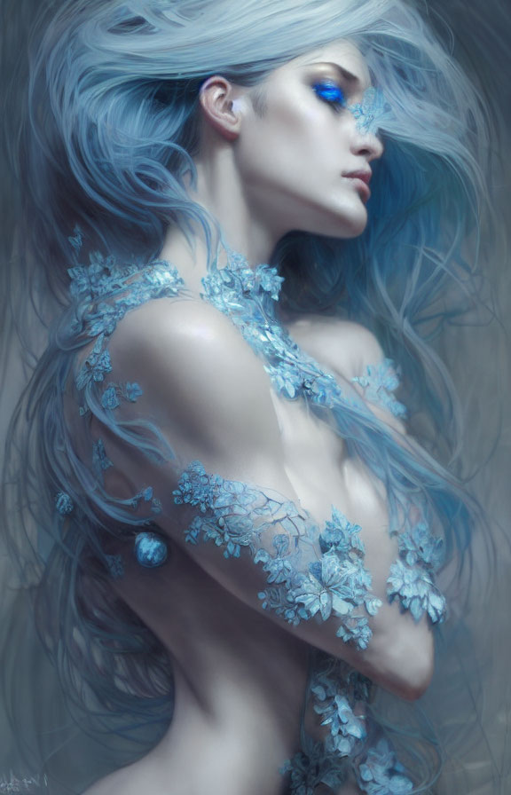 Pale blue hair and floral adornments on ethereal figure.