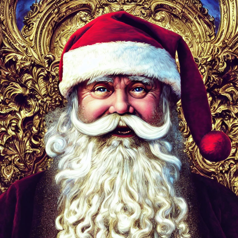Jovial Santa Claus with white beard on golden background