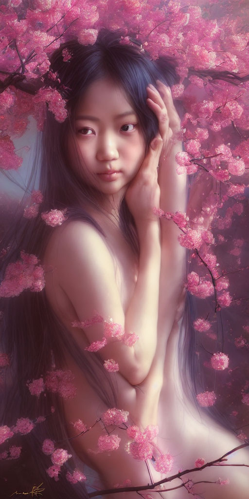 Long-haired woman surrounded by pink cherry blossoms, gazing gently.