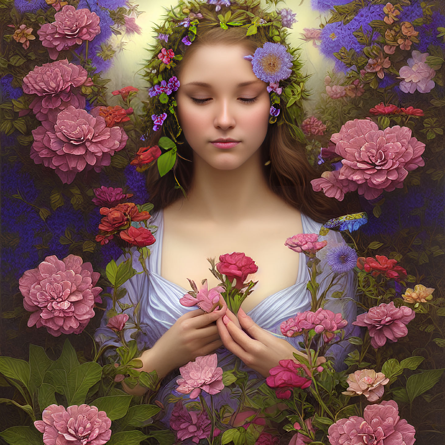 Young woman with floral wreath holding pink rose in flower garden
