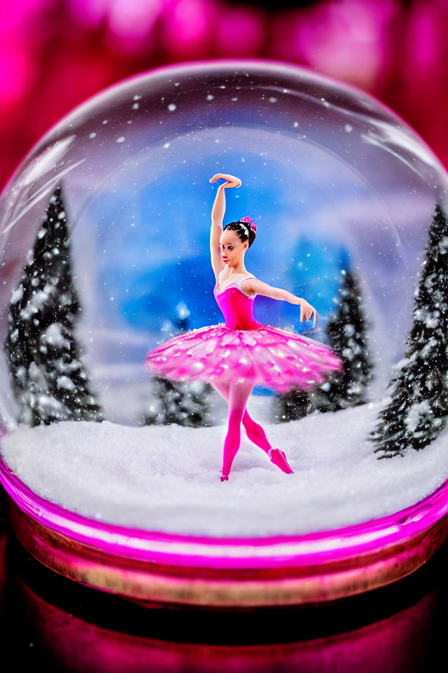 Pink tutu ballerina dances in snow globe scene with snowy trees on magenta background