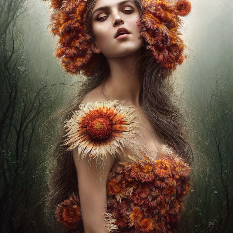 Surreal portrait of woman with orange flowers in misty forest