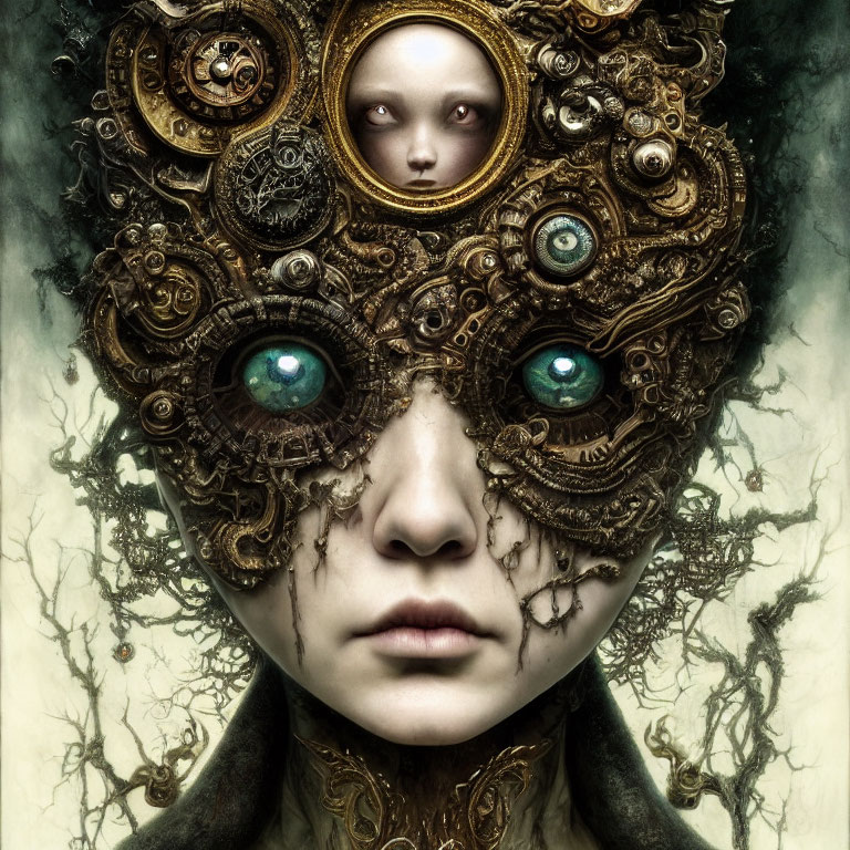 Surreal portrait of person with steampunk headpiece and green eyes