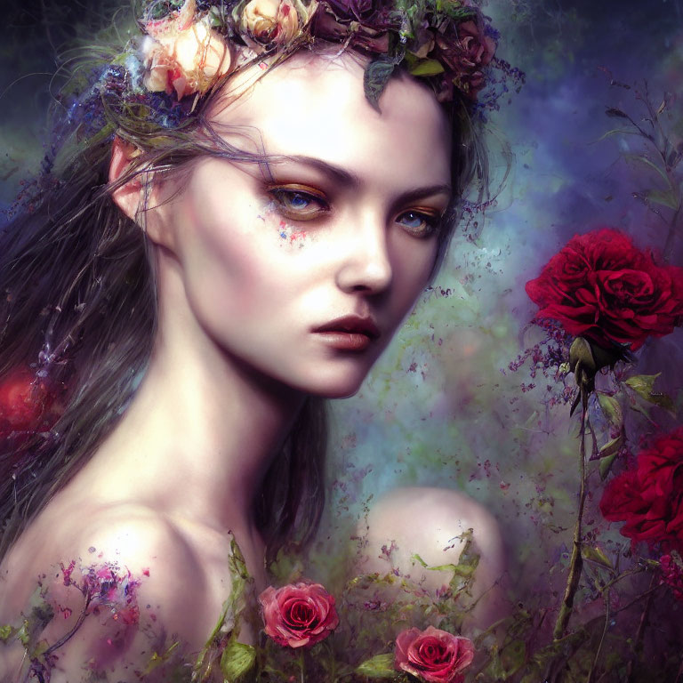 Woman with floral adornments and piercing gaze in mystical, colorful setting.