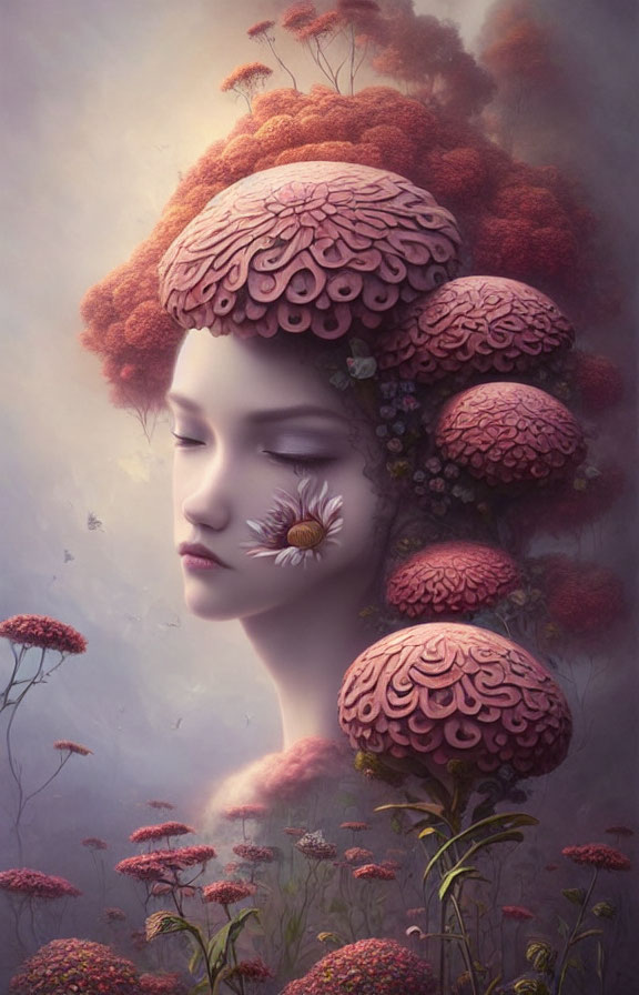 Fantasy illustration of woman with mushroom hair and dreamy background