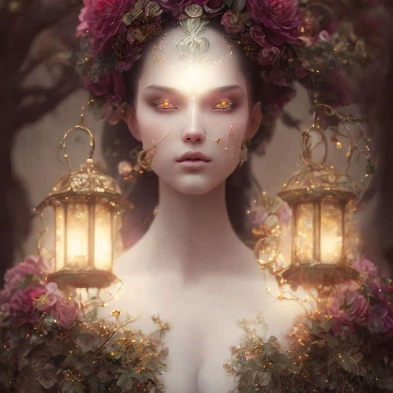 Mystical female figure with amber eyes, crown of flowers, lanterns, and floral backdrop
