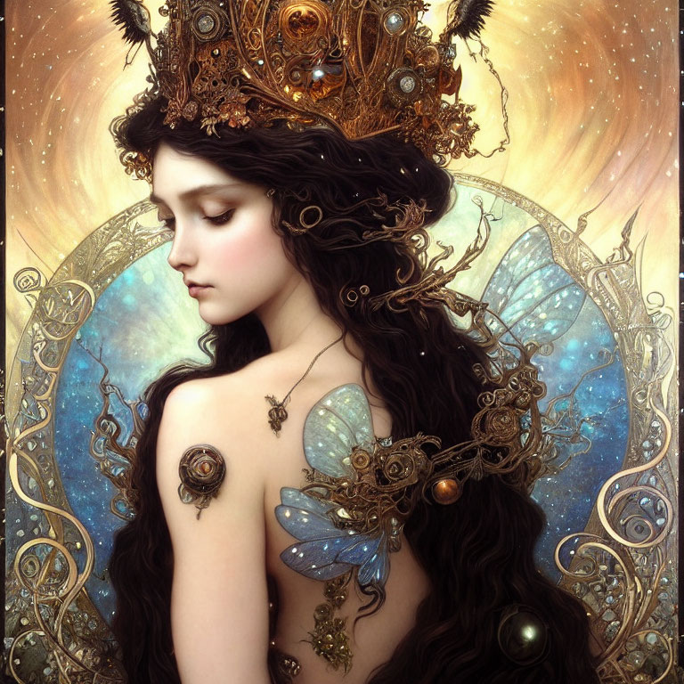 Regal woman with golden crown and mechanical wings in mystical steampunk setting