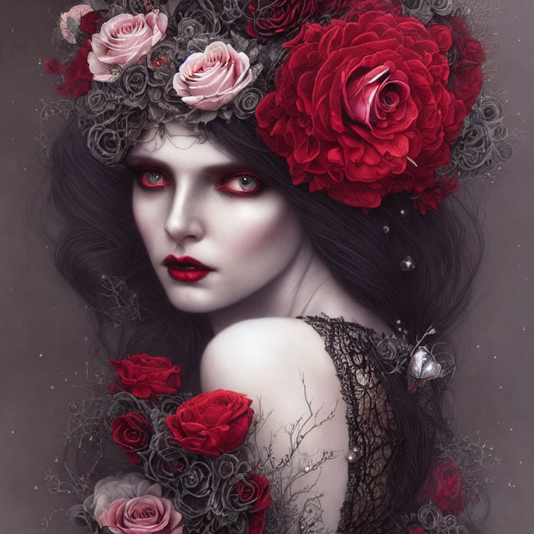 Pale-skinned woman with red eyes, dark hair, red roses, and grey patterns