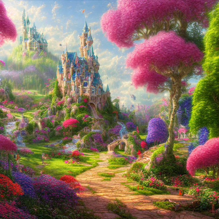 Whimsical castle in vibrant fairy-tale landscape