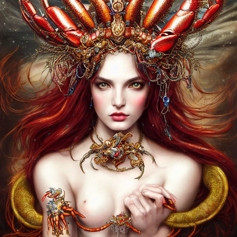 Red-Haired Woman in Lobster Claw Crown and Crab Necklace