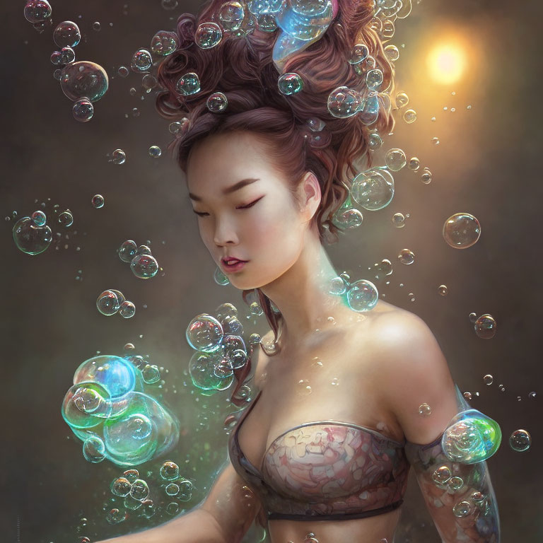 Serene woman with intricate tattoos surrounded by iridescent soap bubbles