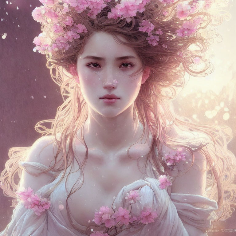 Portrait of Woman with Pink Blossom Crown and Flowing Hair
