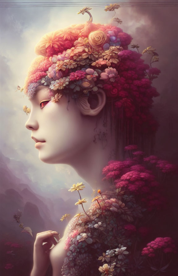Person with Flowers and Foliage in Mystical Profile