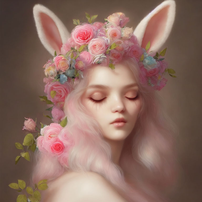 Person with Pink Hair and Rabbit Ears Wearing Floral Wreath