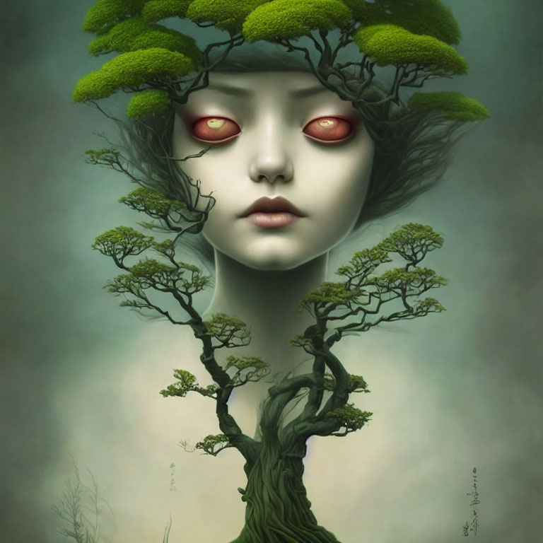 Surreal illustration of figure with tree-like features