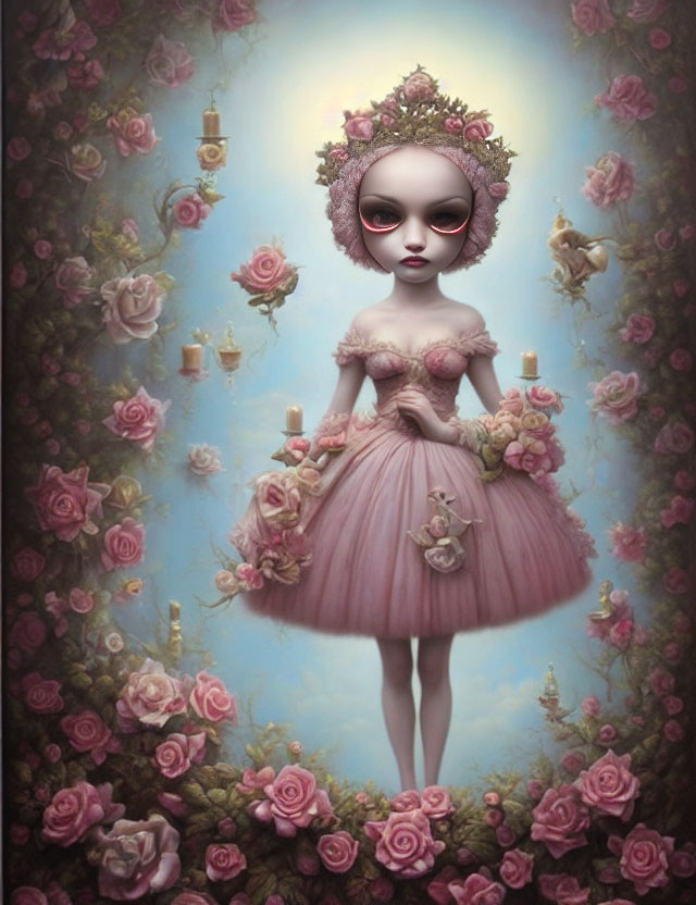 Doll-like Figure in Pink Dress Surrounded by Flowers and Candles