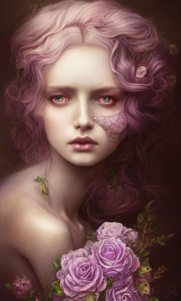 Illustrated portrait of woman with pink wavy hair and floral face design.