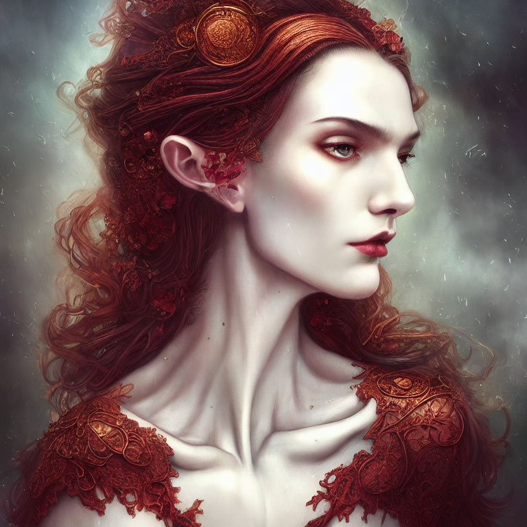 Ethereal portrait of woman with red hair adornments and serene expression