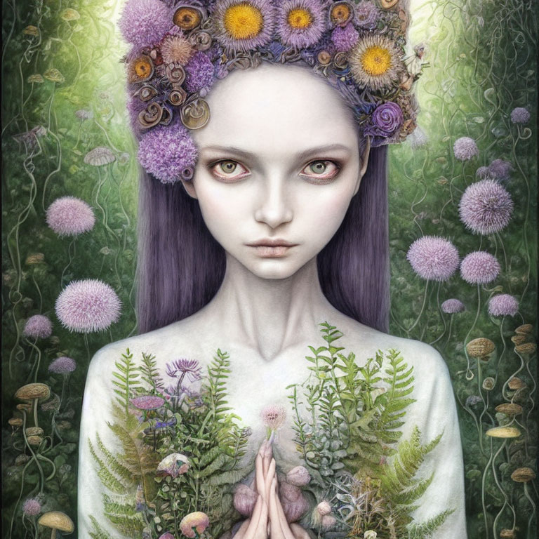Surreal illustration of girl with floral crown and botanical elements on green backdrop