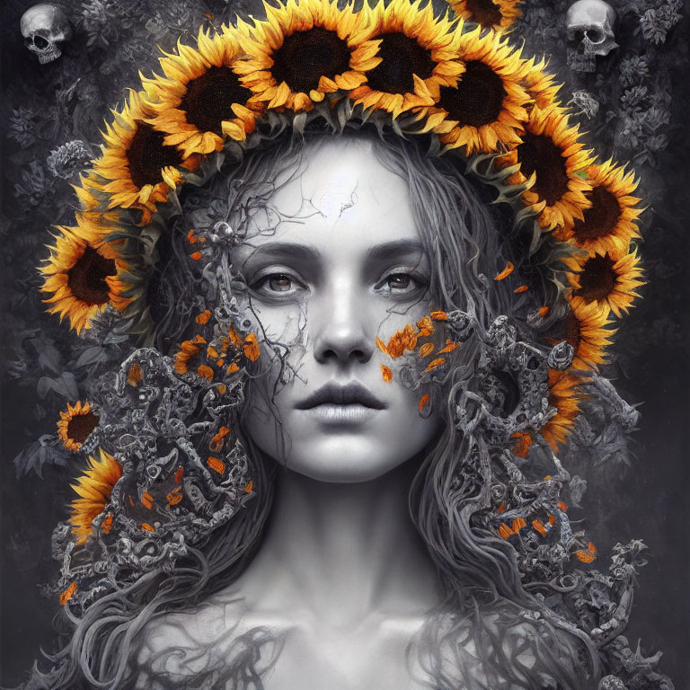 Monochromatic portrait of a woman with sunflower crown and ghostly skulls