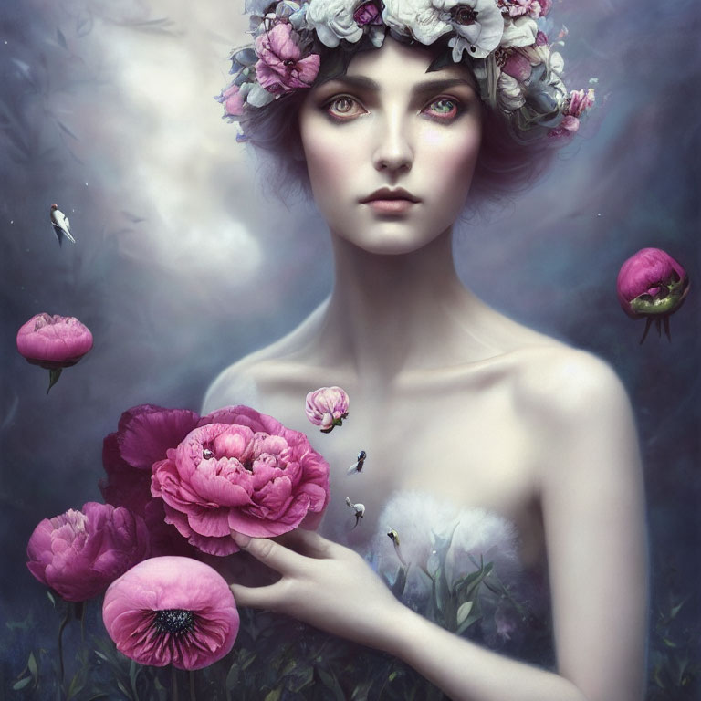 Surreal portrait of a woman with vivid flowers and mystical background