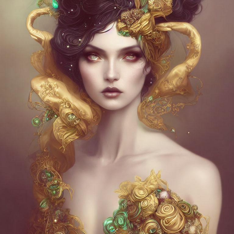 Portrait of Woman with Golden Horns, Dark Hair, and Green Eyes