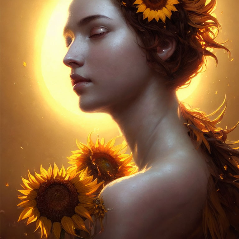 Profile portrait with sunflowers in hair and warm light