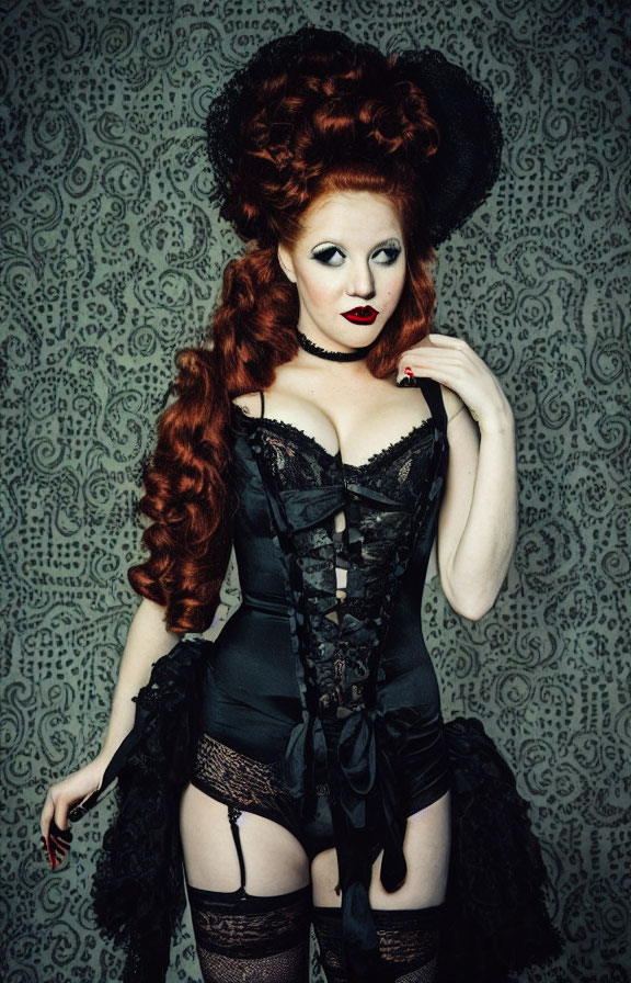 Elaborate Gothic Attire with Corset and Lace Gloves