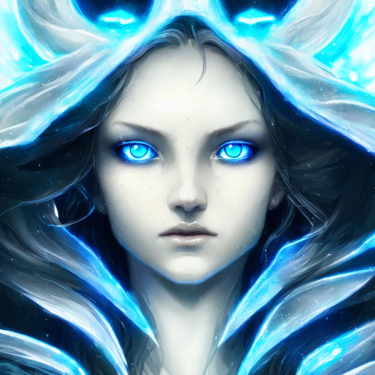 Portrait of person with luminescent blue eyes and radiant blue crystalline crown.