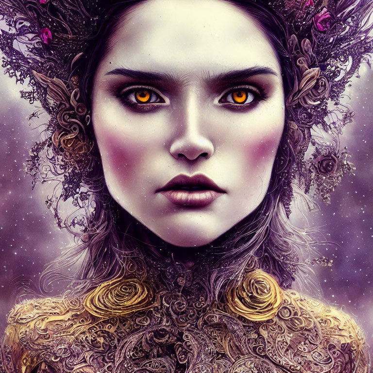 Digital Artwork: Woman with Orange Eyes, Purple Floral Headdress, Gold Collar