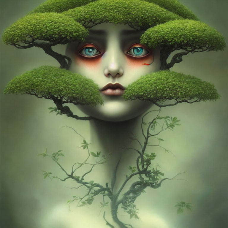 Surreal portrait of woman with tree canopy hair and red eyes