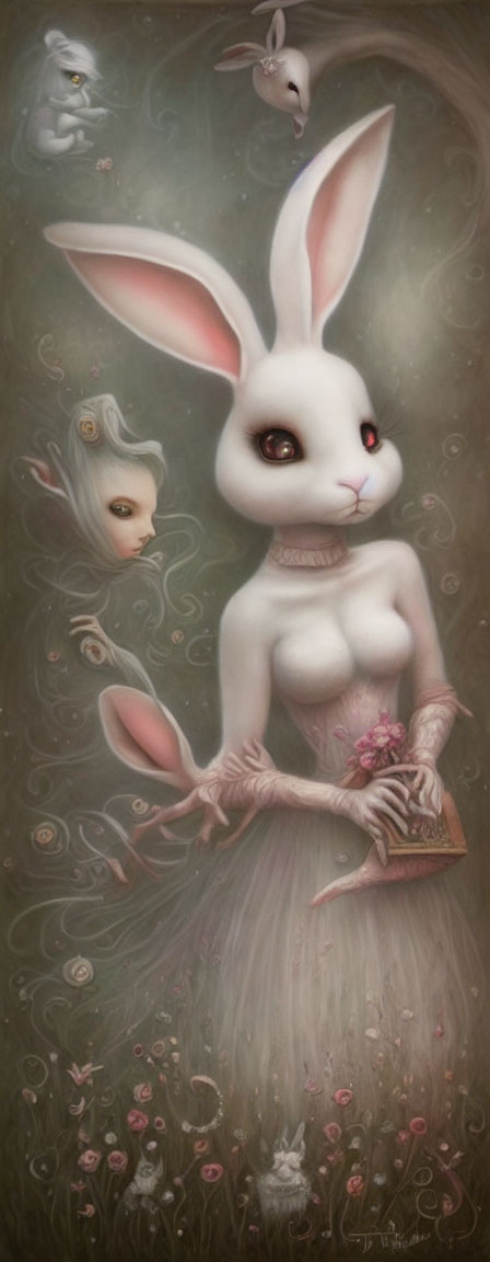Surreal humanoid rabbit painting with dress, bouquet, and unique features