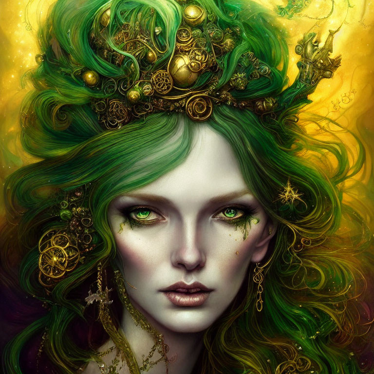 Fantasy portrait of a woman with green hair, golden crown, and star-shaped markings