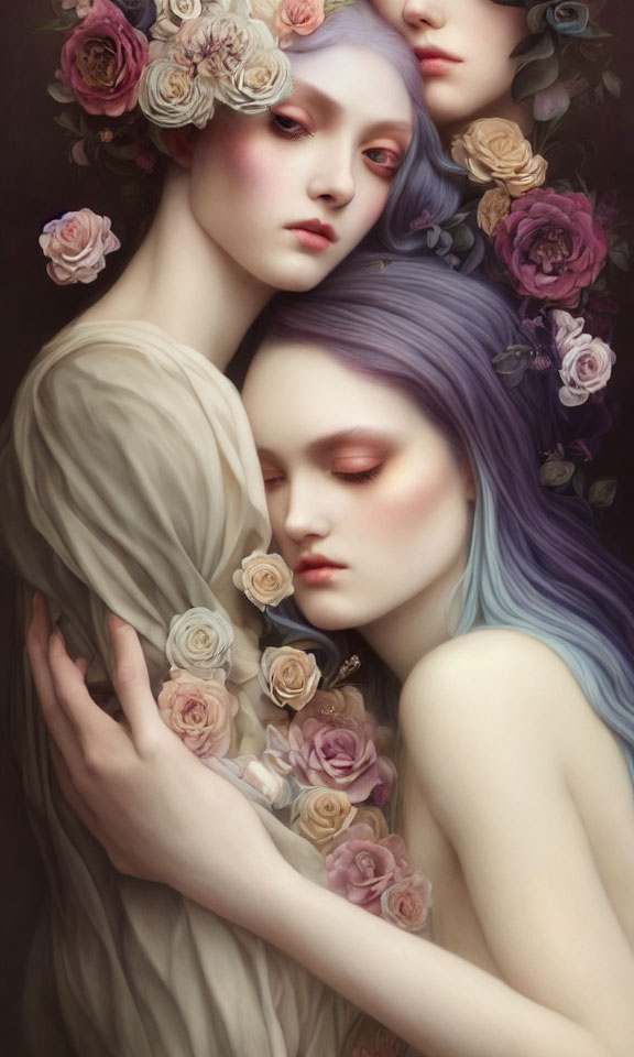 Ethereal figures with pastel-toned hair and skin embrace in dreamlike scene